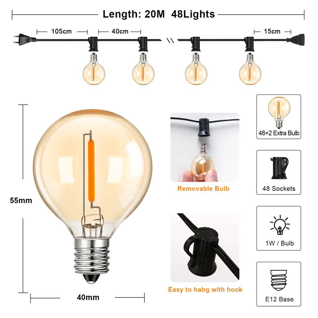 G40 Lichterkette für den Außenbereich Vintage Bernstein Glas LED-Birne Dimmbar IP44 Wasserdicht Haus Veranda Dekoration Verbindbare Girlande Lichterkette