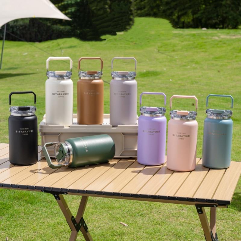 1200/1500ml Thermos Cup Stainless Steel Vacuum Flask Cold&Hot Cup with Handle Straw Cup Thermal Travel Mug Coffee Insulated Cup