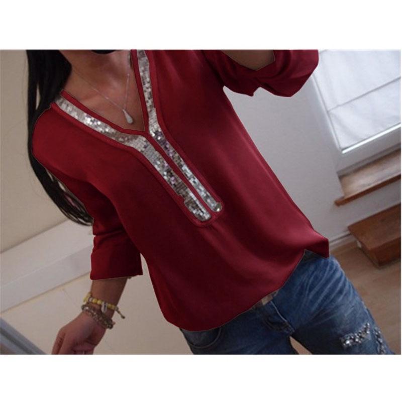 Elegant Womens Long Sleeve Sequins V-neck Tops Blouse With Casual Plus Size Fit