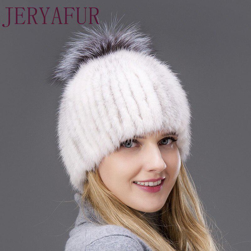 JERYAFUR Módní zimní čepice Teplá dámská pletená čepice Norková čepice s vertikální tkanou liščí bambulí lyžařská čepice