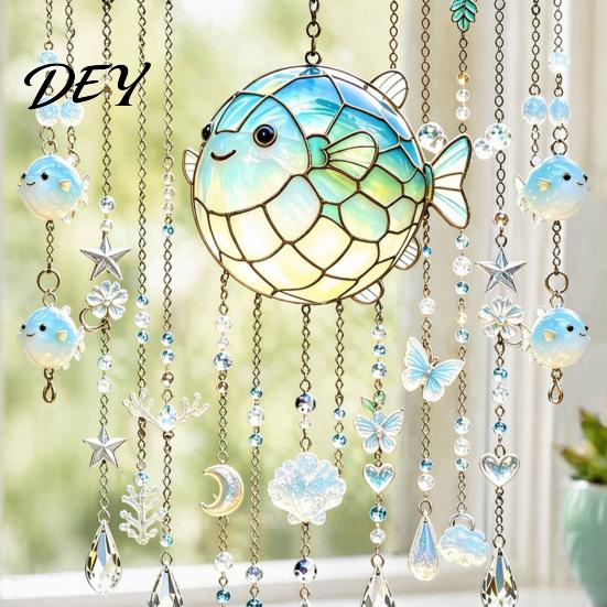 Stained Glass Style Suncatcher Ocean-Themed Crystal Wind Chime, Acrylic Jellyfish Seahorse Pufferfish Hanging Ocean Theme Chimes with Prism