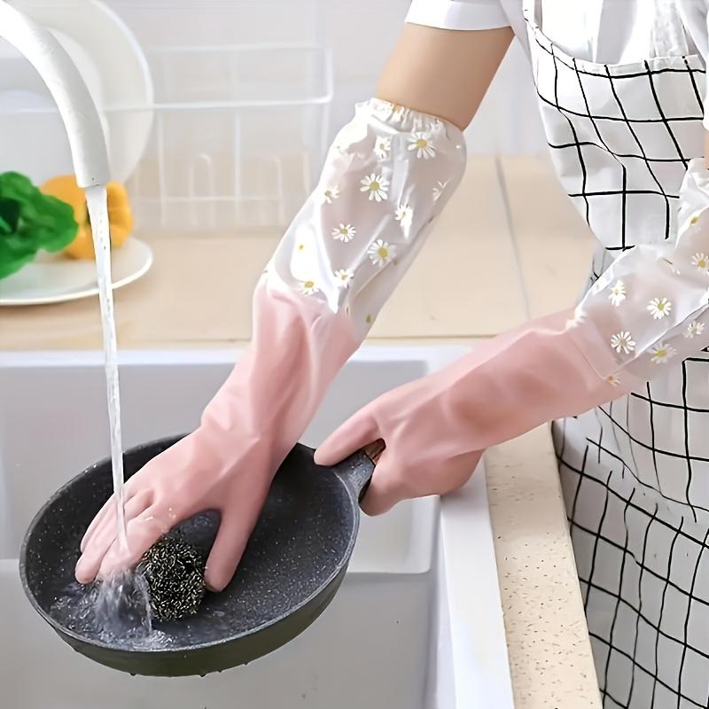Durable Waterproof PVC Cleaning Gloves, Non-Slip Dishwashing Gloves with Floral Pattern