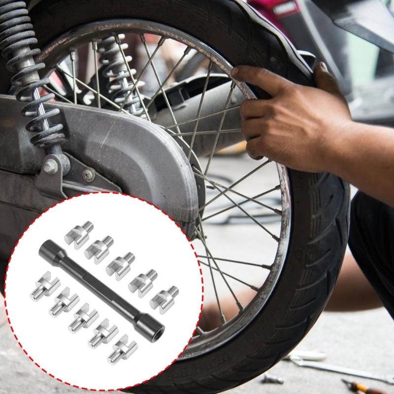 Universal Motorcycle Spoke Spanner Set with 10 Interchangeable Tips Spoke Adjuster Tool for Motorbike Wheel Adjustment