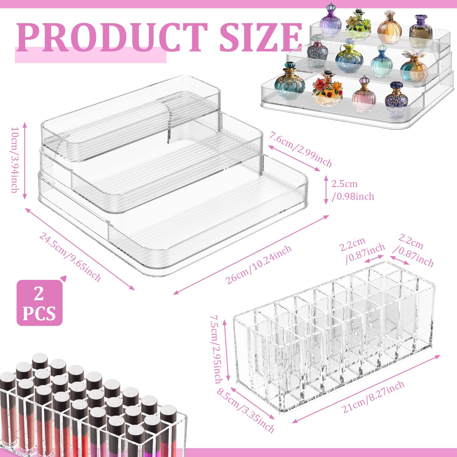 

3-ярусная прозрачная подставка-райзер и набор органайзеров для губной помады на 24 ячейки, акриловая подставка-ступенька для парфюмерии, полка для хранения косметики