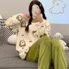 Flannel Warm Pyjamas Set for Women's Padded  Student Nightwear Ladies Sweet Breathable Crew Neck Sleepwear Loungewear