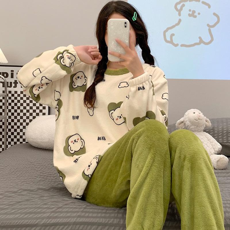 Flannel Warm Pyjamas Set for Women's Padded Student Nightwear Ladies Sweet Breathable Crew Neck Sleepwear Loungewear