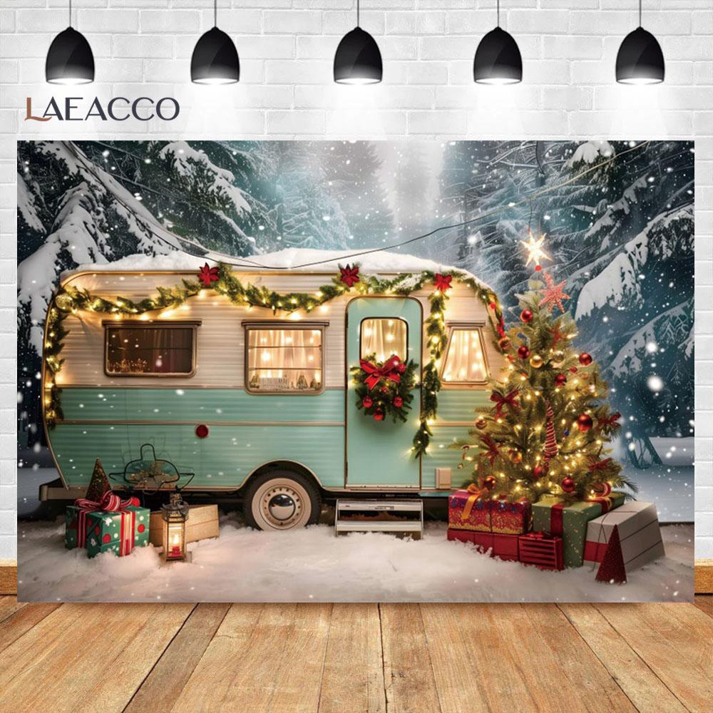 Laeacco Christmas Camper Pography Backdrop Winter Snowy Pine Trees Mini Bus Baby Birthday Family Holiday Portrait Background