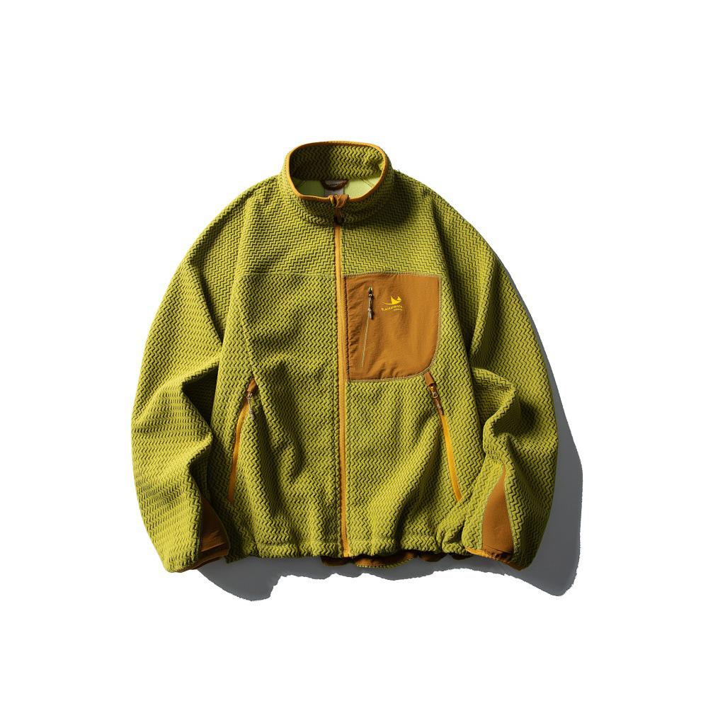 Men s Trendy Wave Texture Stand Collar Fleece Jacket with Color Block and Pockets M