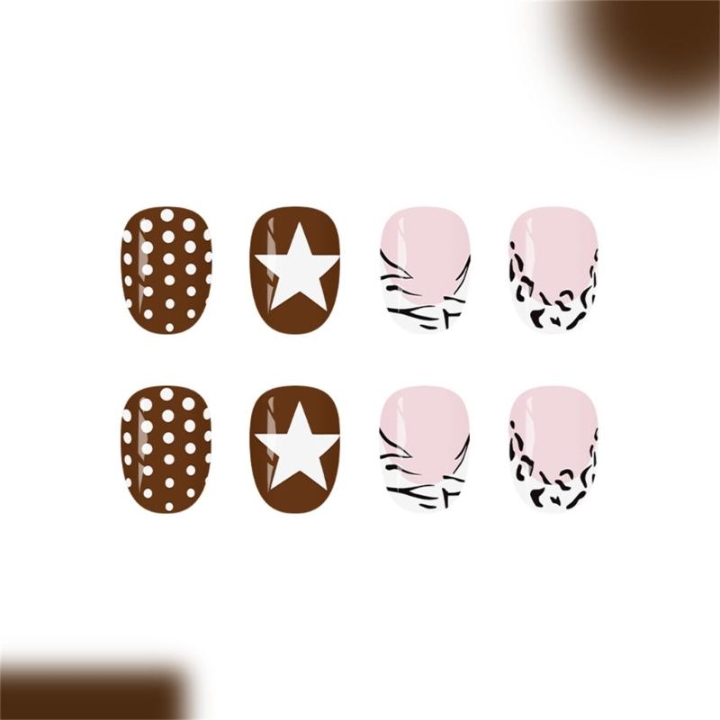 Pack Of 24 French Leopard Print Plaids Star Press On Nail Coffee Brown Polkas Dot Reusable False Nail ABS Material NoGlue Needed