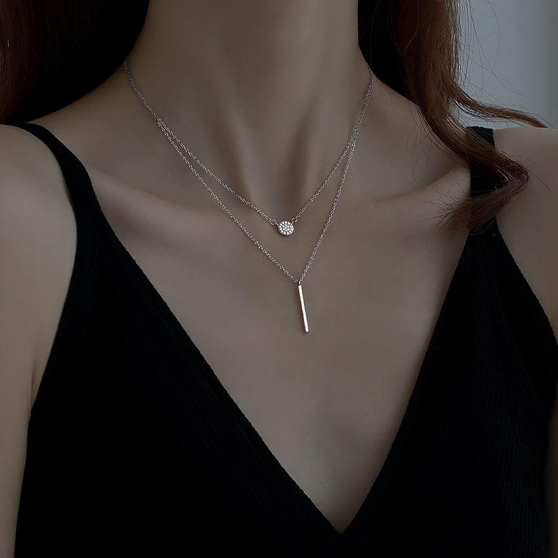 925 Sterling Silber Halskette Doppelschichtkette Funkelnder Zirkon Lange Anhänger Halskette für Frauen Edles Schmuckzubehör
