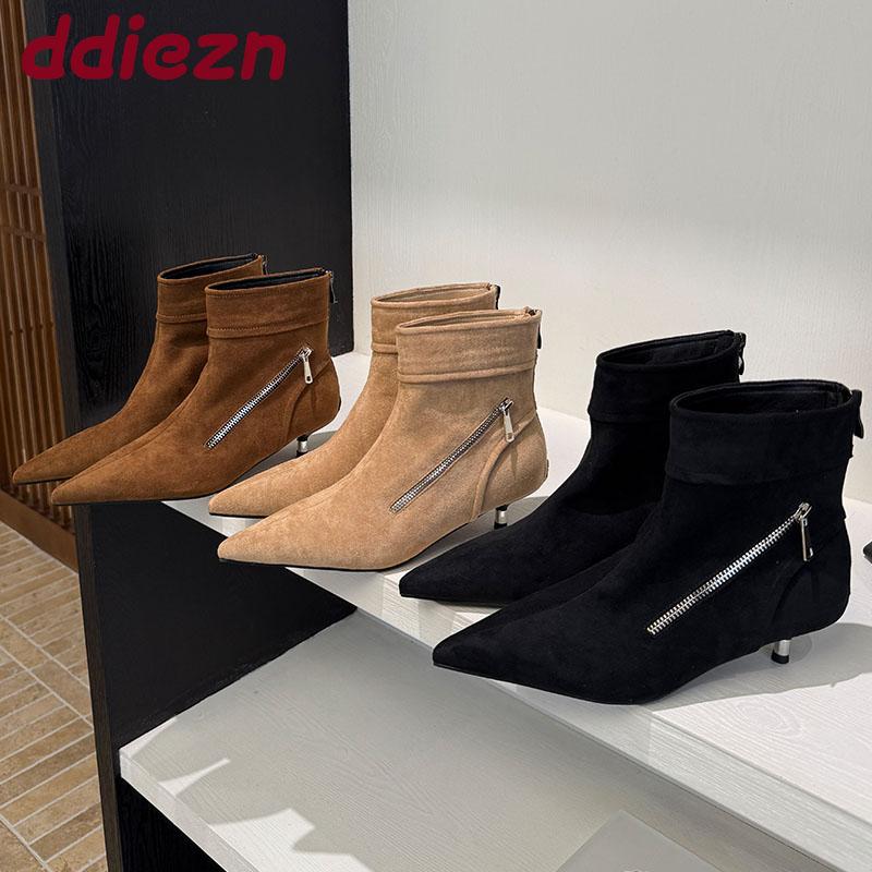 Fashion Zippers Fashion Flock Women Ankle Boots With Low Heel Female Shoes Pointed Toe Sexy Modern Ladies Short Boots Shoes Pumps Lady