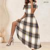 Women Plus Size White Printed Round Neck Short Sleeve Gathered Waist A Line Long Dress