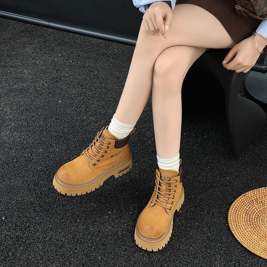 European leather thick-soled heightening rhubarb boots Martin boots women's autumn new British style short boots locomotive boots