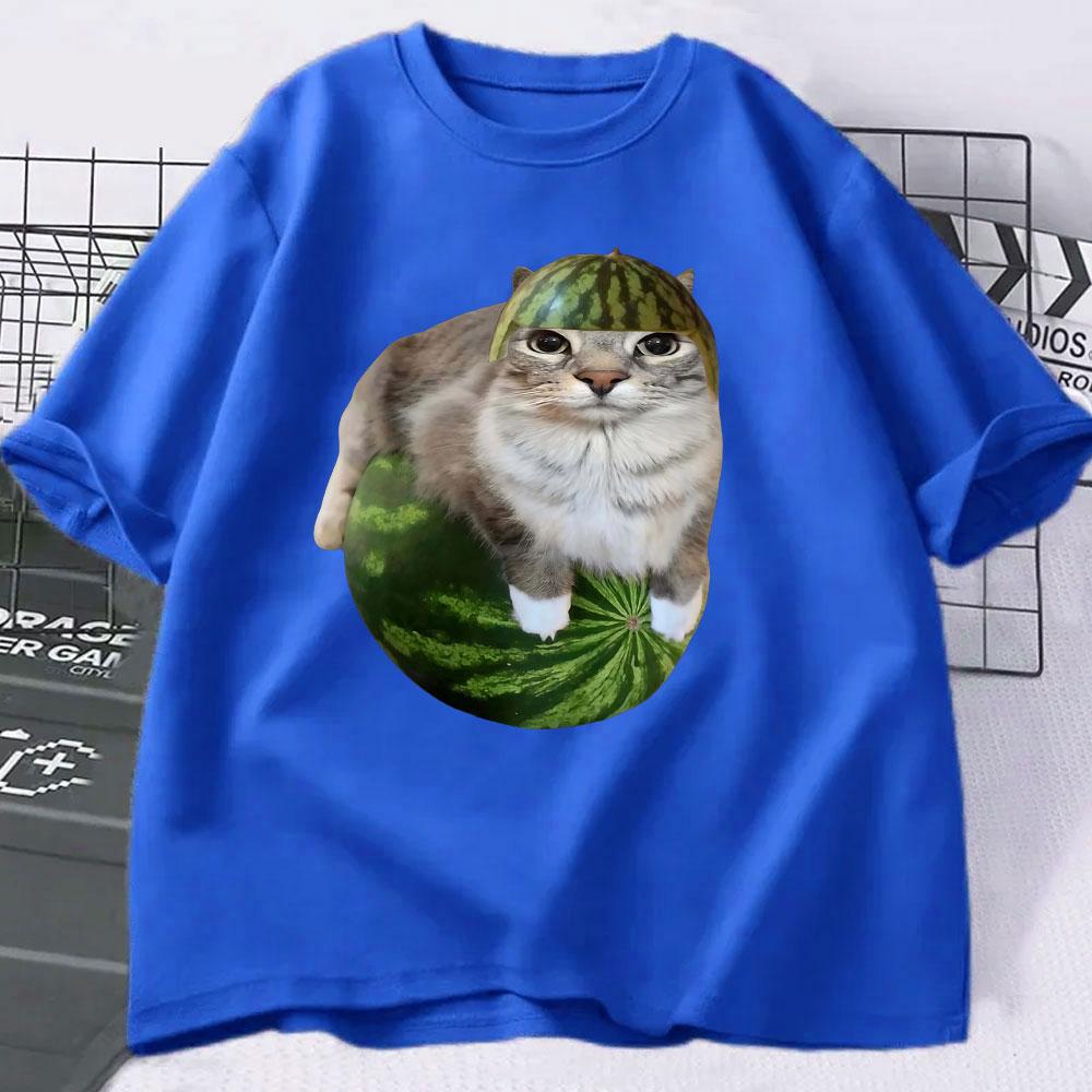Watermelon Cat Silly Cat Funny Meme T Shirts Men's Women Clothing Casual Cotton T-shirt Fashion Short Sleeve Oversized T-shirts