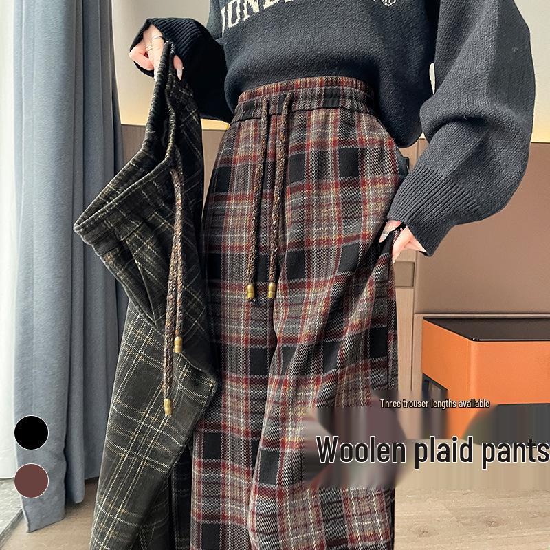 Women's Autumn 2026 Plaid Wool High-Waist Wide-Leg Floor-Length Pants