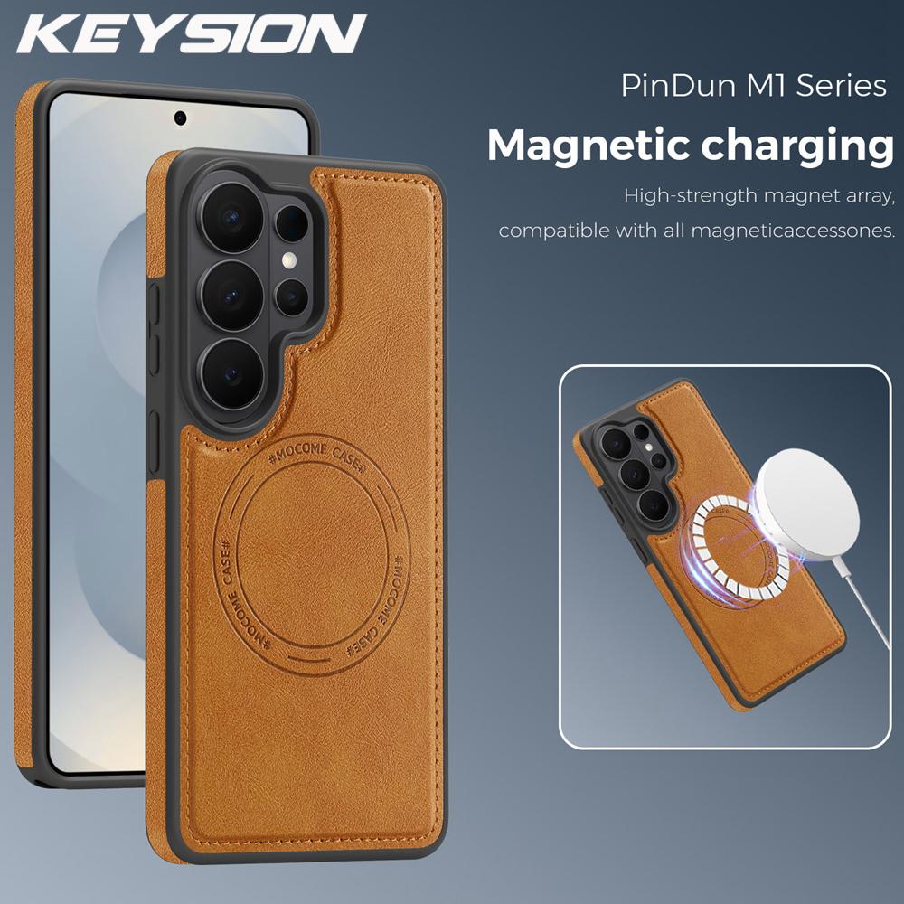 KEYSION Retro PU Leather Case for MagSafe for Samsung Galaxy S25 S26 Ultra 5G S26+ S25 FE Magnetic Shockproof Phone Cover