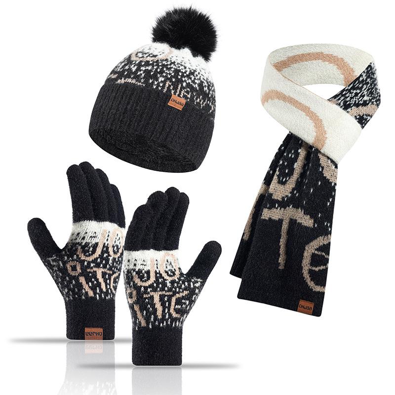 Winter Knitted Women's Jacquard Thickened Imitation Mink Scarf, Hat and Gloves Three-piece Set