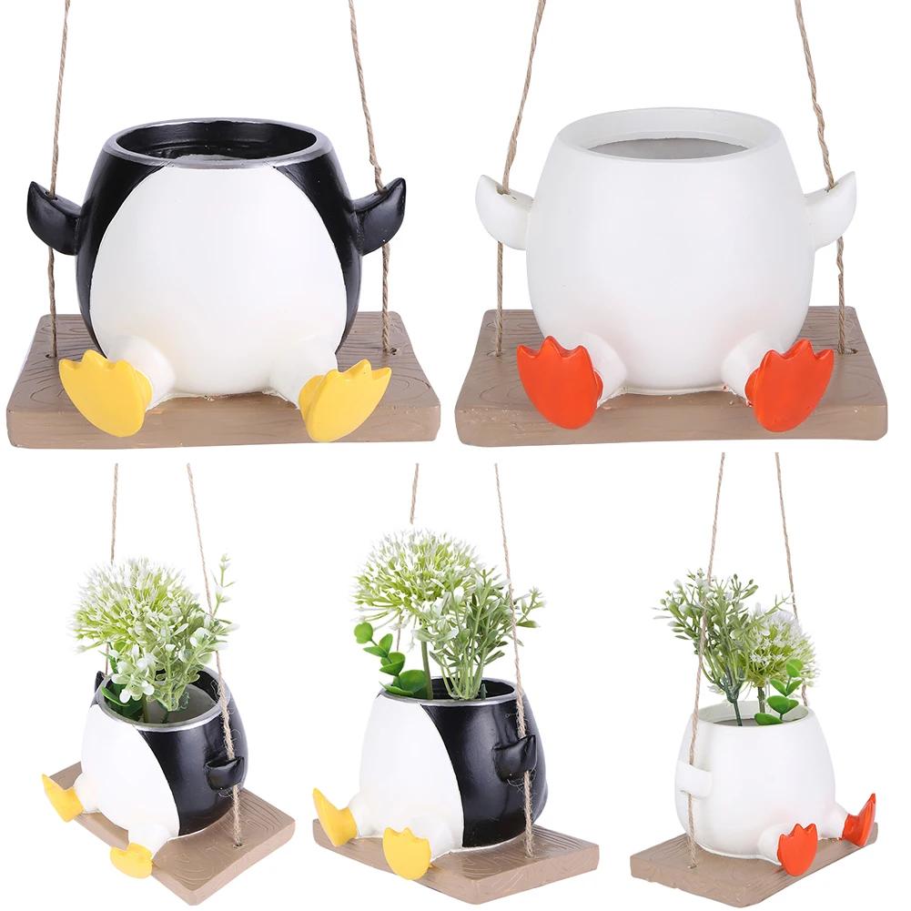 Swing Flower Planter Resin Flowerpot Container Creative Wall Hanging Gnome Penguin Planter with Twine IndoorOutdoor Garden Decor