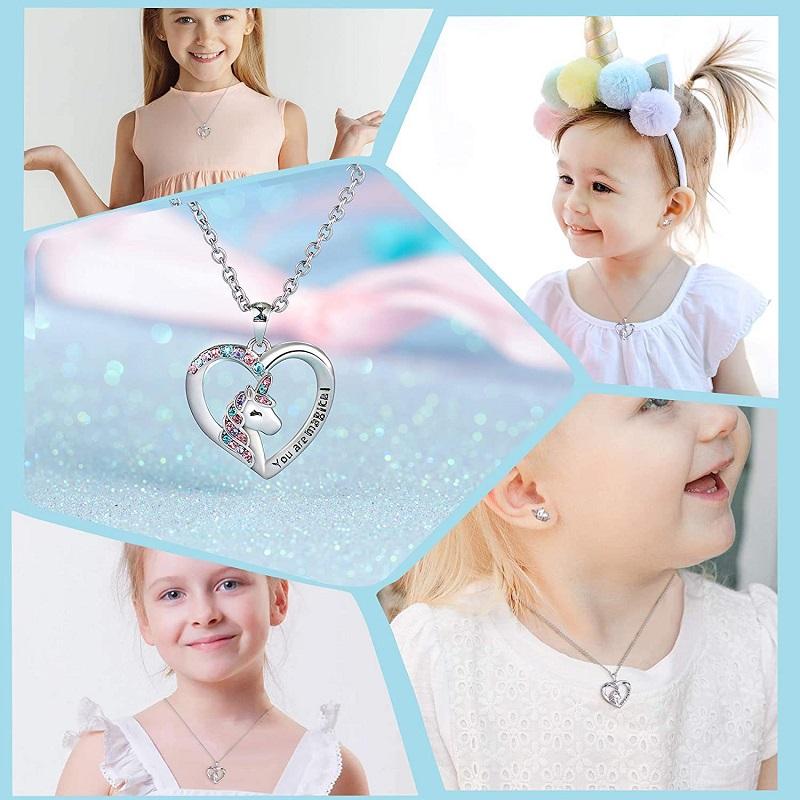Creative New Gold Color Silver Color Zircon Heart -Shaped Pony Children 'S Unicorn Necklace Cute Accessories Fashion Girls Jewelry