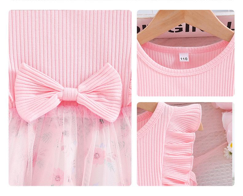 2025 Sweet Toddler Girls' A-Line Bowknot Mesh Dress - Sleeveless Cotton