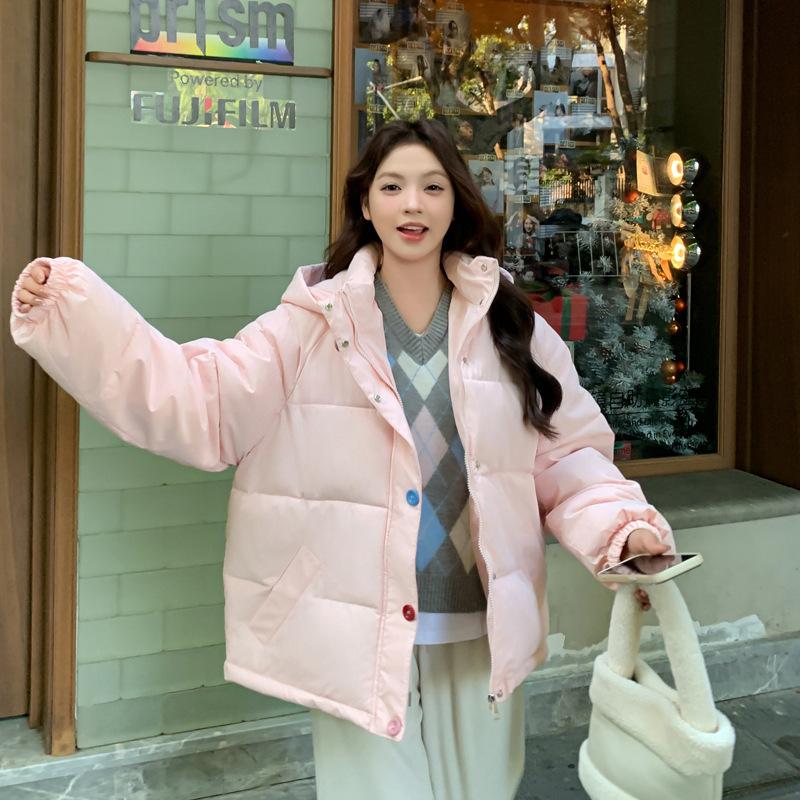 2025 Winter New Korean Version of High-end Color Button Women's Hooded Casual Windproof Warm Cotton Jacket Thickened and Loose