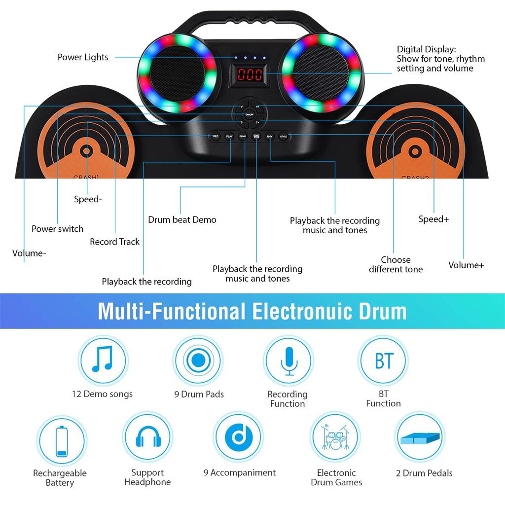Electric Drum Set Portable Drum Pad Kit 9 Pads Built-in Speaker LED Display Screen Monitoring with