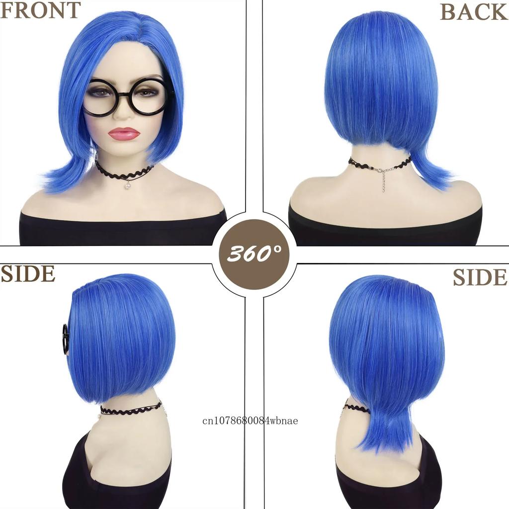 Synthetic Hair Short Straight Blue Bob Cosplay Wigs for Women Anime Cartoon Costume Wig with Glasses Set Halloween Party Use