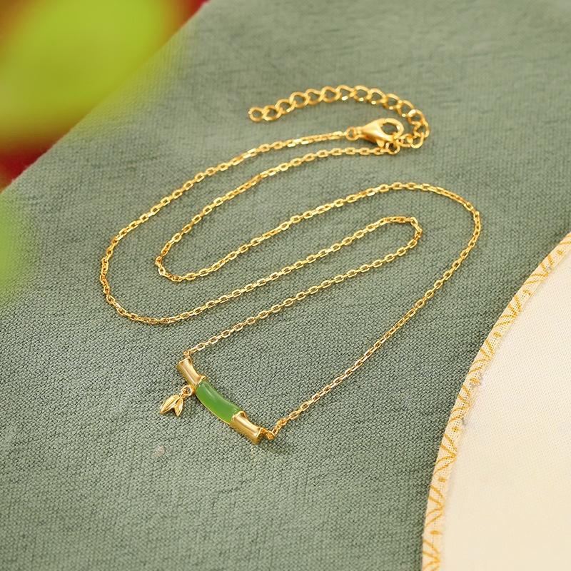 S925 Sterling Silver Gold Plated Hotan Jade Jasper Bamboo Necklace