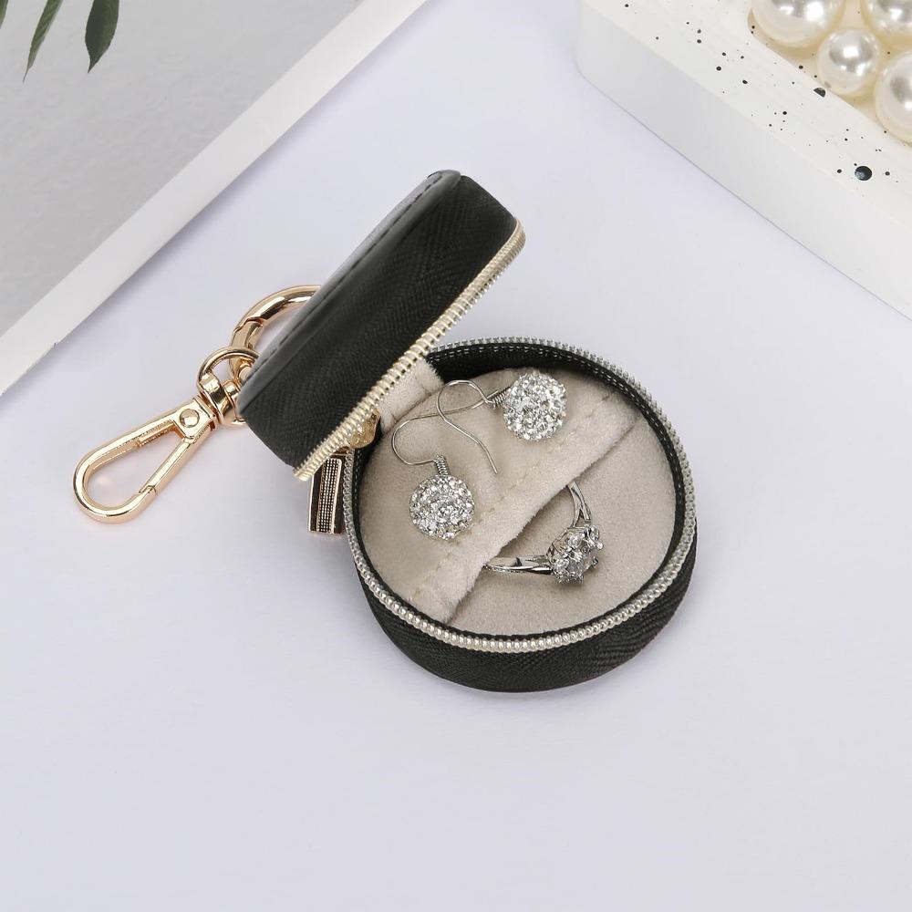 Round Storage Case With Keychain Mini Jewelry Box Portable Jewelry Storage Bag Women