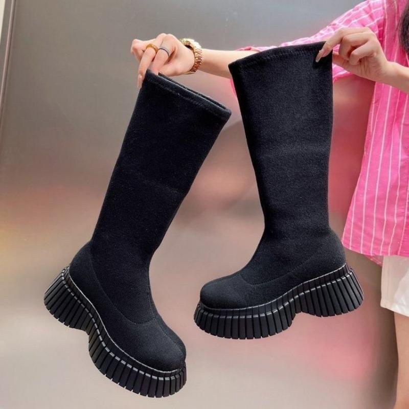 Women's Boots Thick Heel Women Knee High Boots Solid Fashion Slip On Shoes Autumn Winter Ladies Stretch Slim Long Booties