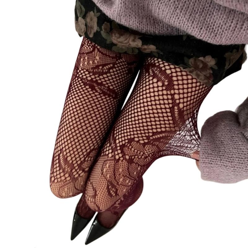 Korean Elegant Mesh Net Tights Hollowed Out Flower Pattern Stretch Full Length Stockings Fishnet Pantyhose for Women