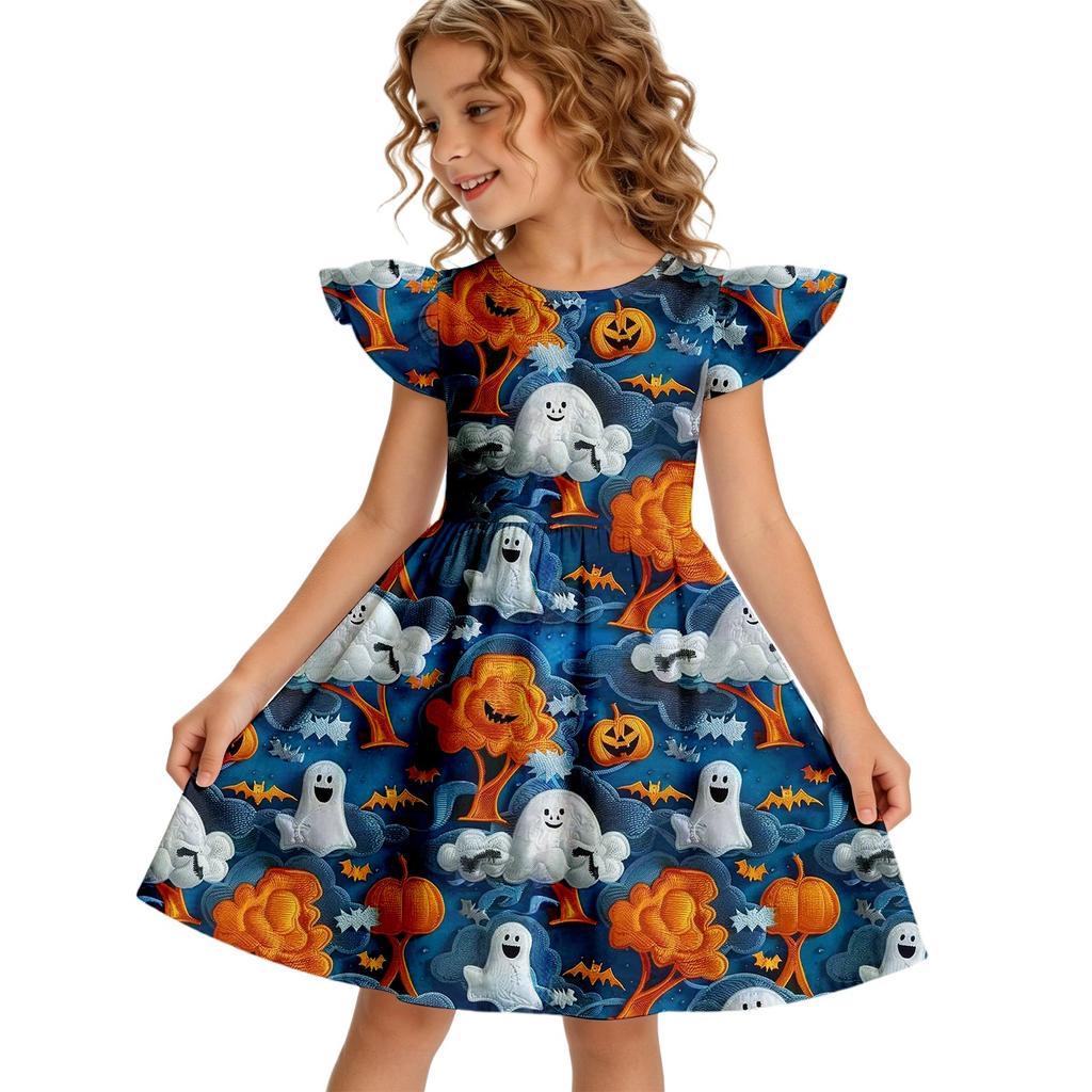 Girls Halloween Casual Round Neck Dress Ruffle Cap Sleeves A-Line Skater Dress Soft Comfortable Fabric Suitable for Daily Wear