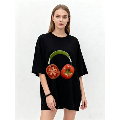 T-shirt Oversize Stampa Pomodoro Nero Cuffie Abbigliamento Casual da Donna Moda Estiva Streetwear T-shirt Grafica Trendy