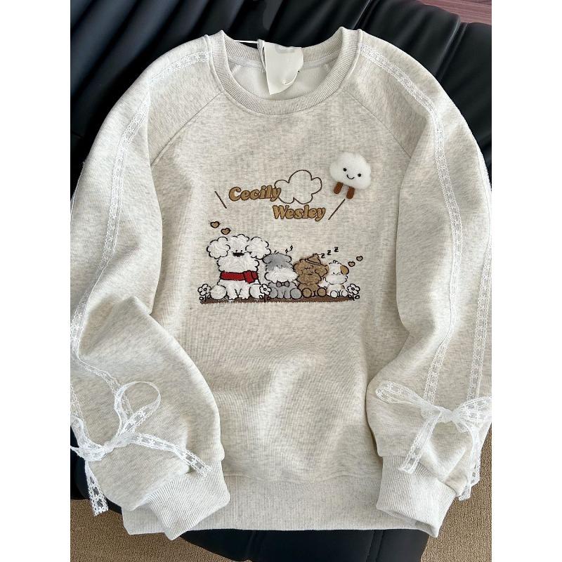 Lace Design with Puppy Pattern Women's Hoodie Round Neck Woman Long Sleeved Pullover Autumn Loose Casual Fashion Top