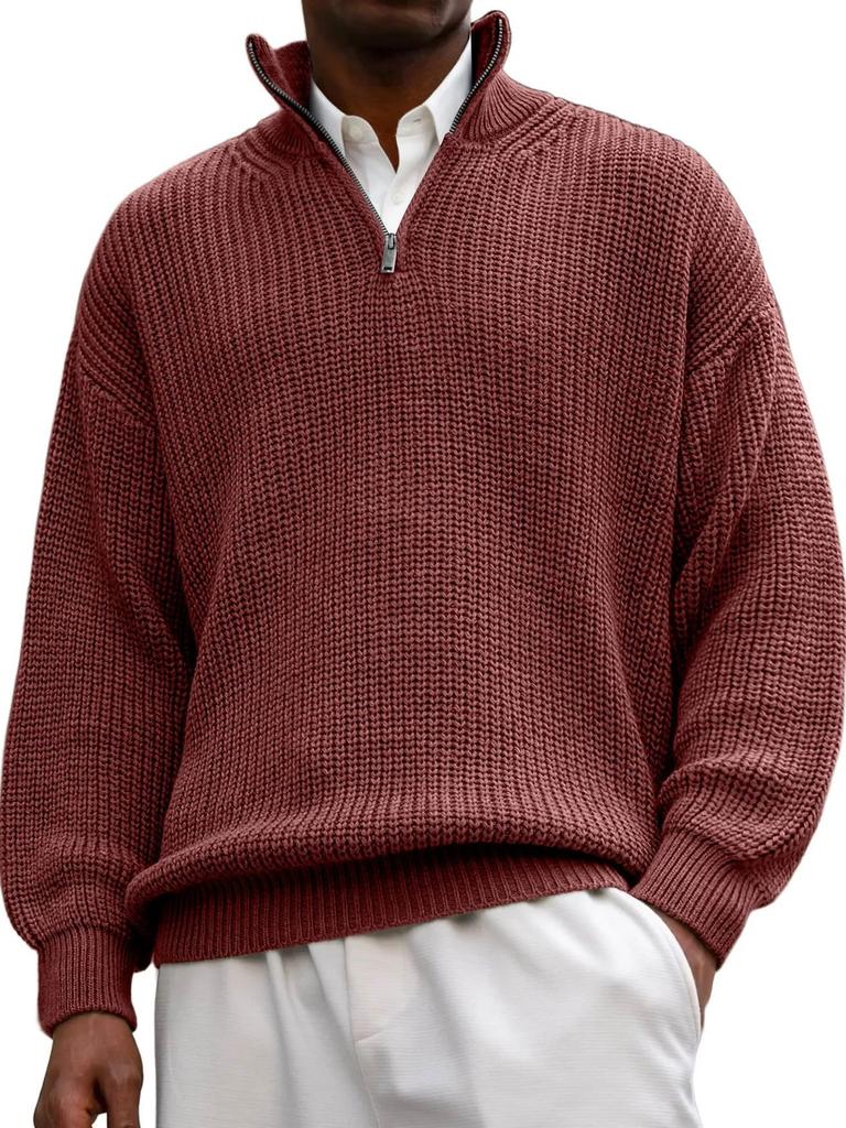 Men's Half Zip Knit Polo Sweater Stand Collar Long Sleeve Casual Pullover