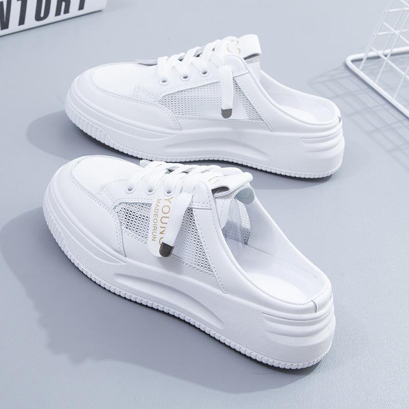 2025 new summer half-drag little white women's shoes wear lazy ins mesh bag head fashion thick-soled cool slippers