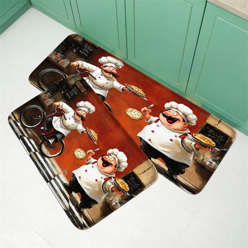 1pc Cartoon Chef Case Flannel Kitchen Floor Mat, Entrance Door Mat, Bedroom Absorbent Door Mat, Living Room Floor Mat, Hand Wash