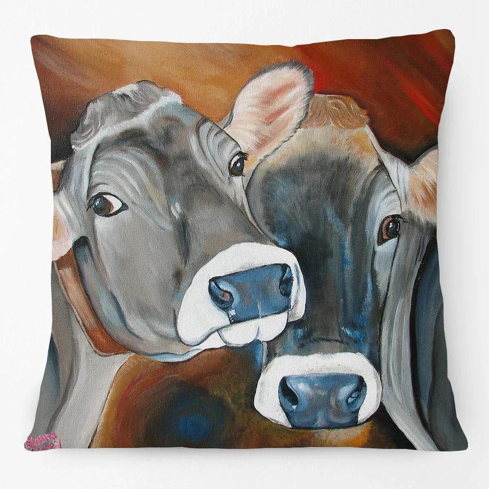 Oil Painting Farm Animals Poster Cushion Cover Cow Sheep Goat Rustic Style Home Decorative Square Pillow Case