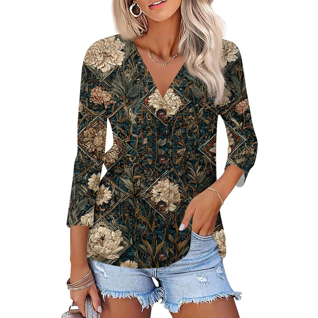 Women's Fashion Casual Print Button-down Shirt 3/4 Long Sleeve Tops