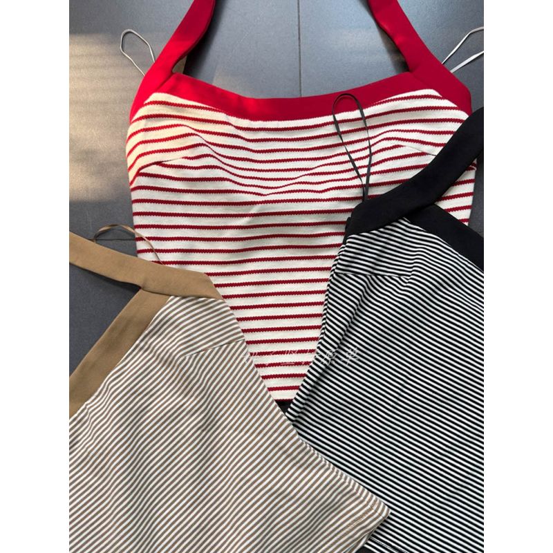 Export Single French Vintage Style Sexy Wind 3 Colors Halterneck Stripes Silm Vest Tops