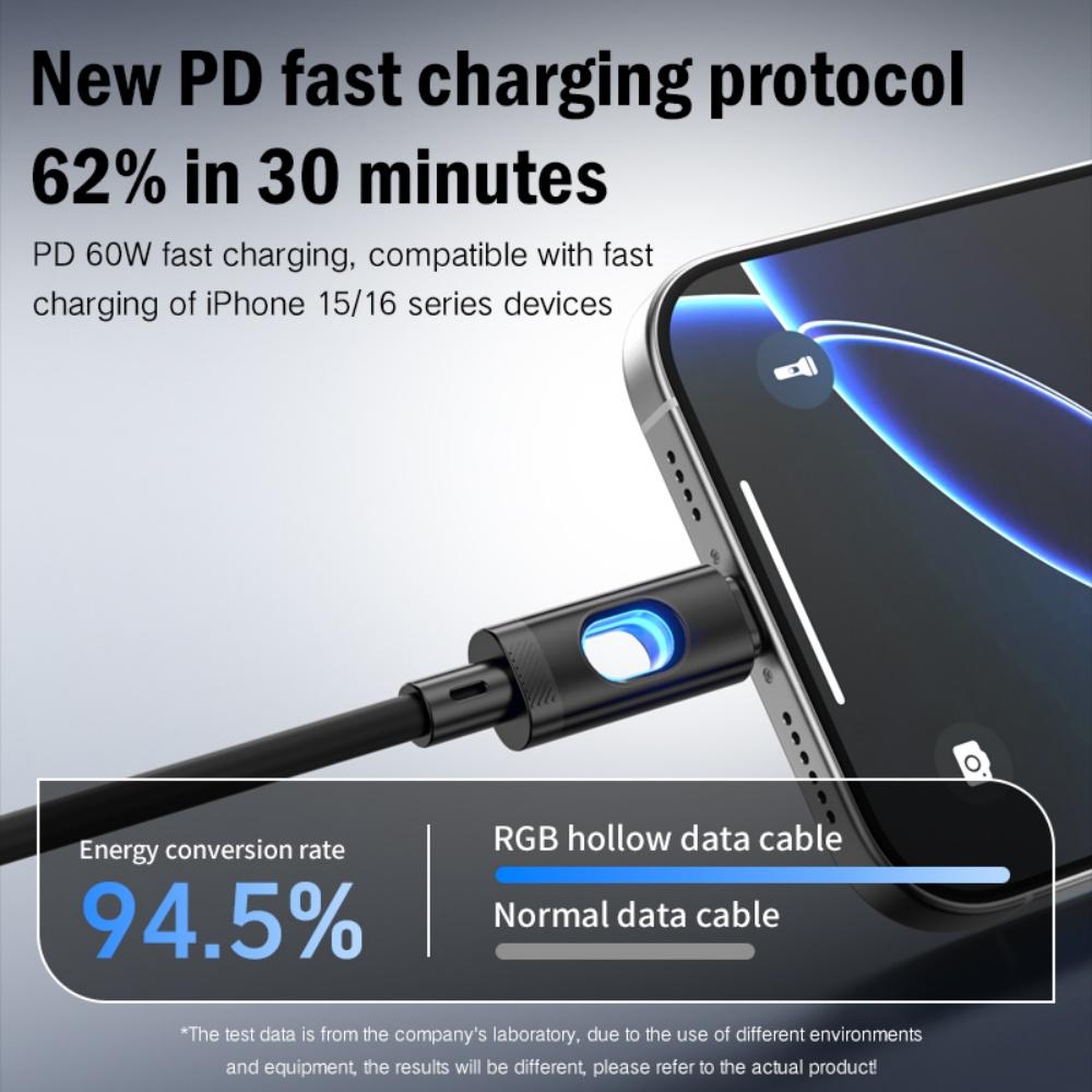60W PD RGB Lighting Type-C To Type-C Cable Fast Charging Data Line for iPhone 16 15 14 13 Samsung Xiaomi Huawei 1M/2M Black