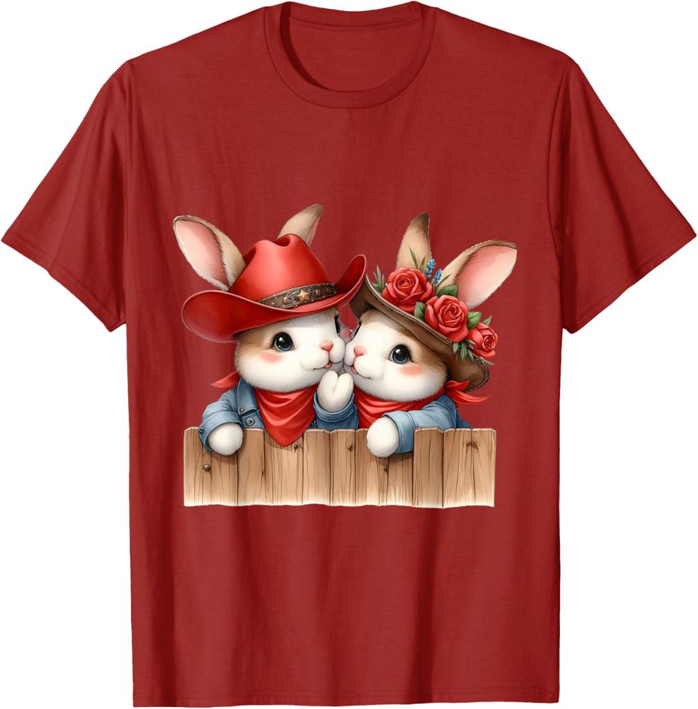 Cute Cowboy Bunny Couple Peeking Over Fence Graphic T-Shirt Men Casual Daily Tee