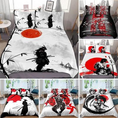 Conjunto de cama de samurai japonês KingQueenFull Size Japão pôr do sol paisagem edifício silhueta poliéster capa de edredom masculino preto vermelho