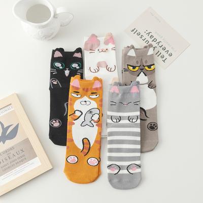 5 Pairs/Lot Women's Fashion Cartoon Socks Japanese Lovely Cat Crew Socks Breathable Student Socks For Ladies