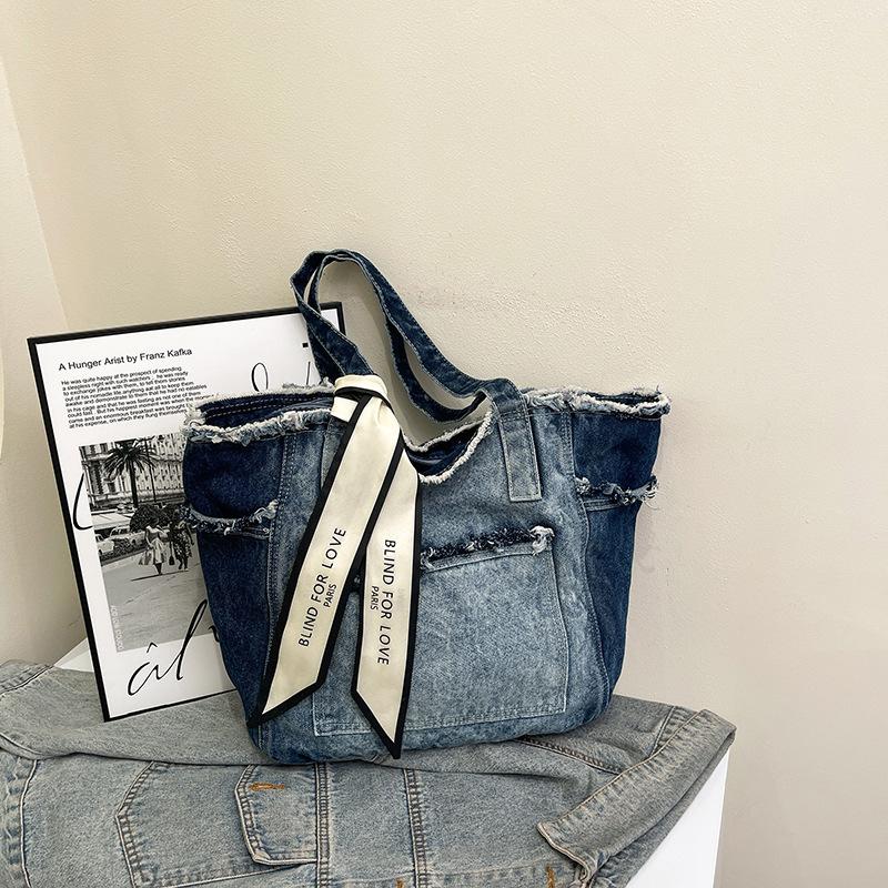 Fashi new large bag Korean style simple fashi versatile denim bow commuter design single shoulder handbag casual bag