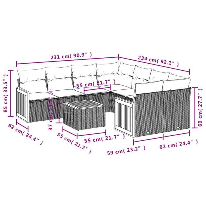 VidaXL Salon de Jardin avec Coussins 9 pcs, Canapés de Terrasse, Ensemble de Meubles de Patio, Mobilier d'Extérieur, Noir 3227505