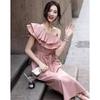 Demana French Ruffle Asymmetric Strap Cotton Midi Dress