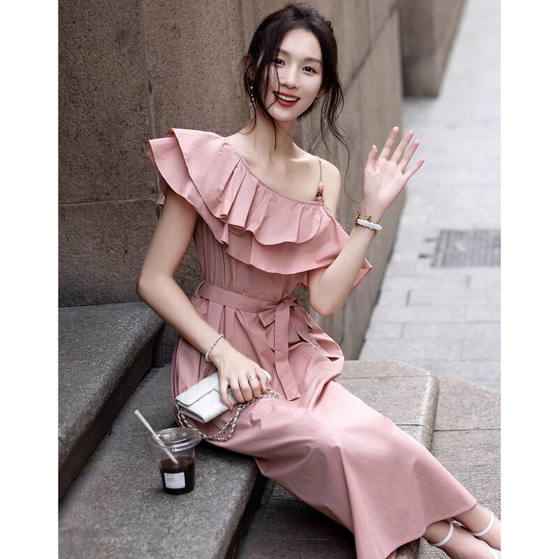 Demana French Ruffle Asymmetric Strap Cotton Midi Dress L