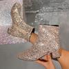 Women's Chelsea Sequins Boots Round Toe Chunky Heel Soft Padded Insole Elegant Chic Short Boots for Fall and Winter