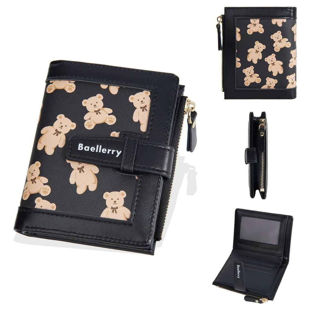 Women Short Purse Cute Fashion Printed Bear Zipper Hasp Coin Wallet Card Bag Ultra-Light Wear-Resistant Wallet Carteira